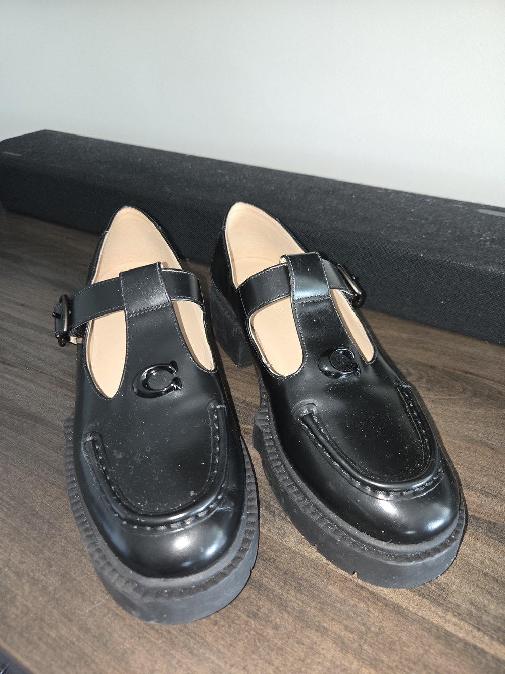 Coach Black Patent Mary Jane Loafers with Buckle